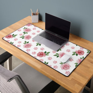 Aquarell-Rosa-Rosen und Pfotenabdrücke Schreibtischunterlage