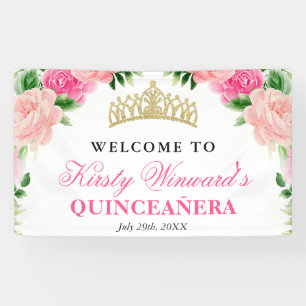 Aquarell-Rosa-Rosen Willkommen Quinceanera Banner