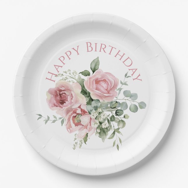 Aquarell-Rosa-Rosenmuster Pappteller (Vorderseite)