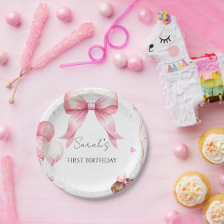 Aquarell Rosa Schleife Baby Mädchen Geburtstag Pappteller