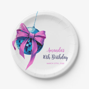 Aquarell-Rosa-Schleife-Disco-Kugel-Sweet-16-Geburt Pappteller