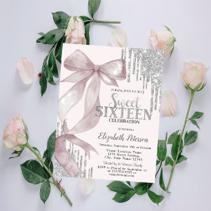 Aquarell Rosa Schleife Silber Glittertropfen Sweet Einladung