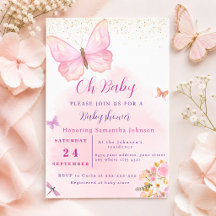 Aquarell-Rosa-Schmetterling-Blumen-Baby-Party