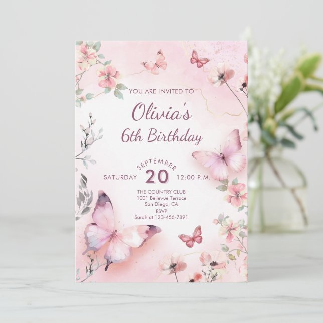 Aquarell Rosa Schmetterlinge Blumenmädchen Geburts Einladung (Stehend Vorderseite)