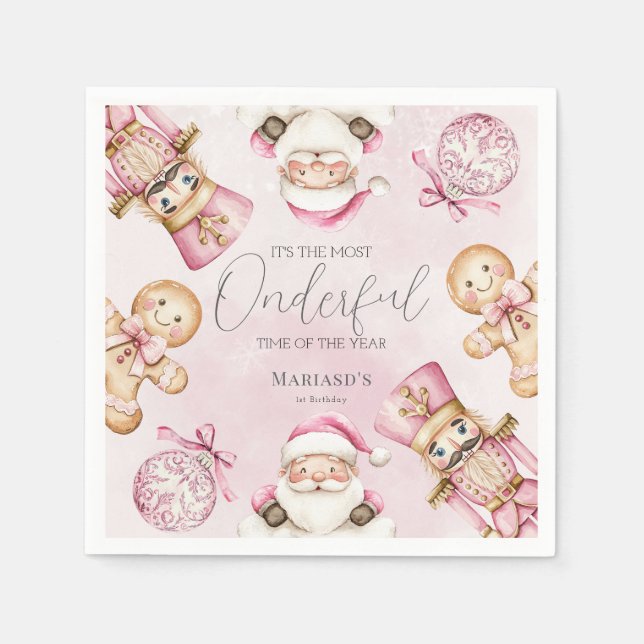 Aquarell Rosa Schnee 1. Geburtstag Weihnachten Serviette (Vorderseite)
