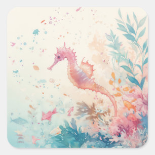 Aquarell Rosa Seepferdchen und lebendiges Korallen Quadratischer Aufkleber