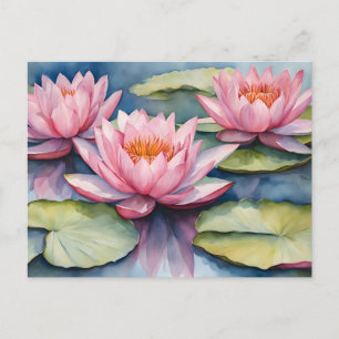 Aquarell Rosa Seerosen im Teich Postkarte