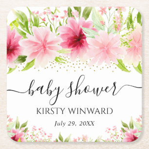 Aquarell-Rosa-Sommerblumen-Baby-Party Rechteckiger Pappuntersetzer