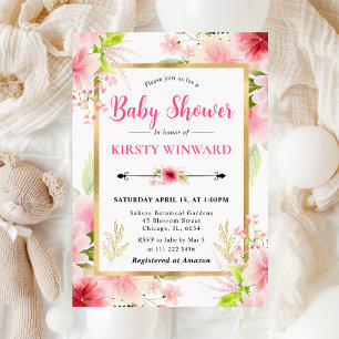 Aquarell-Rosa-Sommerblumen-Baby-Shower Einladung