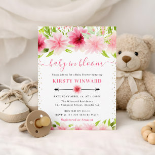 Aquarell Rosa Sommerblumen Babyparty Einladung