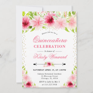 Aquarell Rosa Sommerblumen Foto Quinceanera Einladung