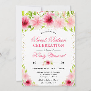 Aquarell Rosa Sommerblumen Foto Sweet 16 Einladung