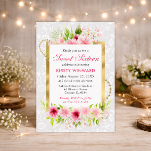Aquarell Rosa Sommerblumen Goldfolie Sweet 16 Einladung