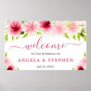 Aquarell Rosa Sommerblumen Hochzeitsbegrüßung Poster