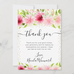 Aquarell-Rosa-Sommerblumen Quinceanera Dankeskarte