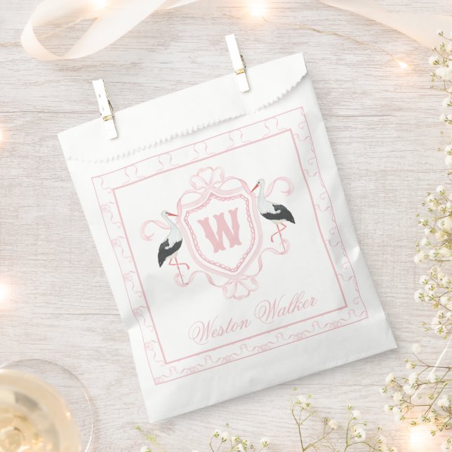 Aquarell-Rosa-Storch-Bogen-Monogrammwappen Geschenktütchen (Ausgeschnitten)