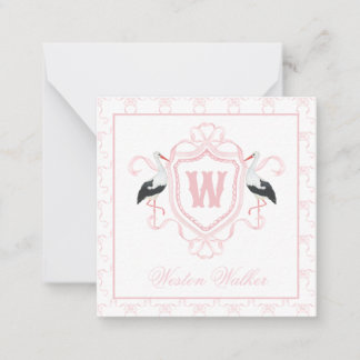 Aquarell Rosa Storch Bogen Monogrammwappen Mitteilungskarte