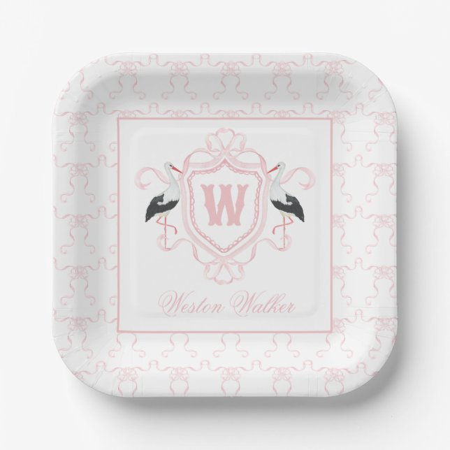 Aquarell Rosa Storch Bogen Monogrammwappen Pappteller (Vorderseite)