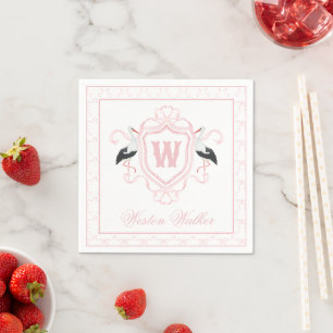 Aquarell Rosa Storch Bogen Monogrammwappen Serviette