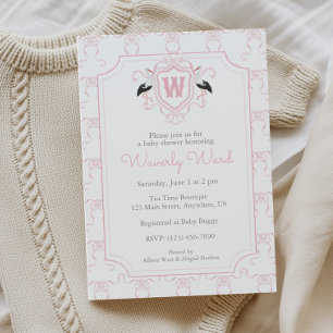 Aquarell-Rosa-Storch-Monogrammwappen-Baby-Party Einladung