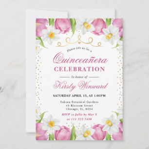 Aquarell-Rosa Tulpen und Osterglocken Quinceanera Einladung