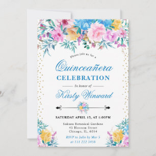 Aquarell Rosa und Blaue Blumen Quinceanera Einladung