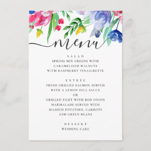 Aquarell rosa und blaue florale Gartenhochzeit Menükarte