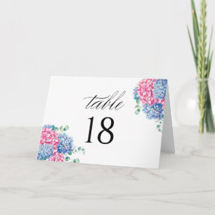 Aquarell Rosa und Blaue Hortensie-Tischnummer Karte
