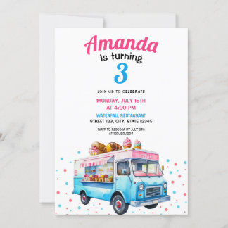Aquarell Rosa und Blauer Eiskrem LKW Geburtstag Einladung