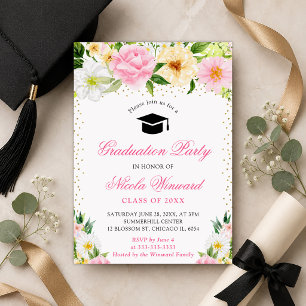 Aquarell Rosa und Gelbe Blumen Abschlussfeier Einladung