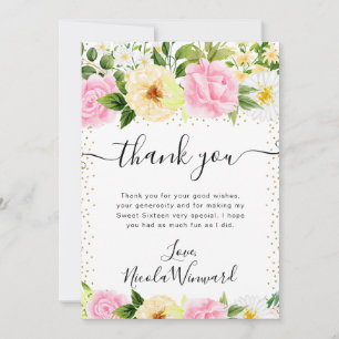 Aquarell Rosa und Gelbe Blumen Sweet 16 Dankeskarte