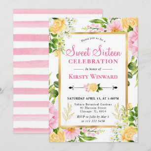 Aquarell-Rosa und gelbe Blumen Sweet 16 Einladung