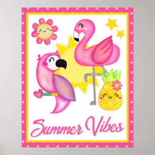 Aquarell Rosa und Gelbe Tropische Vögel Sommer Poster