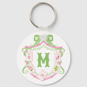 Aquarell-Rosa- und Grün-Schleife-Mahjong-Monogramm Schlüsselanhänger