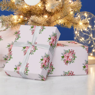 Aquarell-Rosa- und Grün-Weihnachtsstern-Blumenstra Geschenkpapier