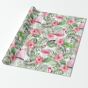 Aquarell-Rosa und Grünes Tropisches Muster Geschenkpapier