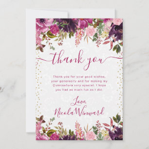 Aquarell-Rosa- und Lila-Blumen Quinceanera Dankeskarte