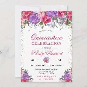 Aquarell-Rosa- und Lila-Blumen-Quinceanera Einladung