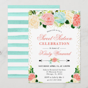 Aquarell Rosa und Mint Blumen Sweet 16 Einladung
