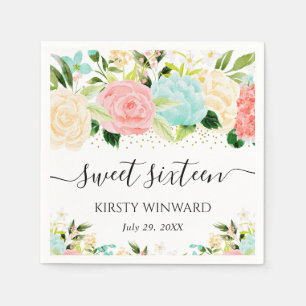 Aquarell-Rosa- und Mint-Blumen Sweet Sixteen Serviette