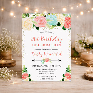 Aquarell Rosa und Mint Blüten 21. Geburtstag Einladung