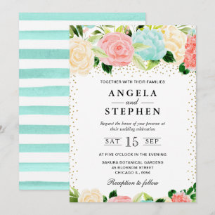 Aquarell Rosa und Mint Blüten Hochzeit Einladung