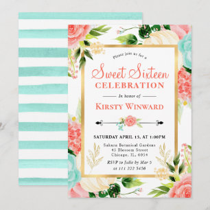 Aquarell Rosa und Mint Blüten Sweet Sixteen Einladung