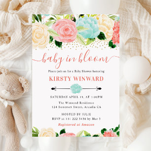 Aquarell-Rosa- und Minz-Blumen-Baby-Party Einladung
