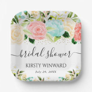 Aquarell-Rosa- und Minz-Blumen-Brautparty Pappteller