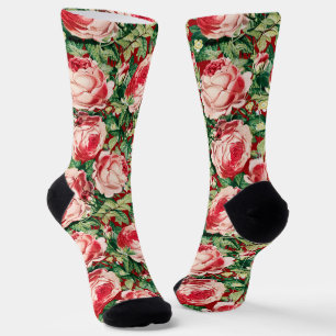 Aquarell-Rosa- und -Rote-Rosenblumen und Grüne Blä Socken
