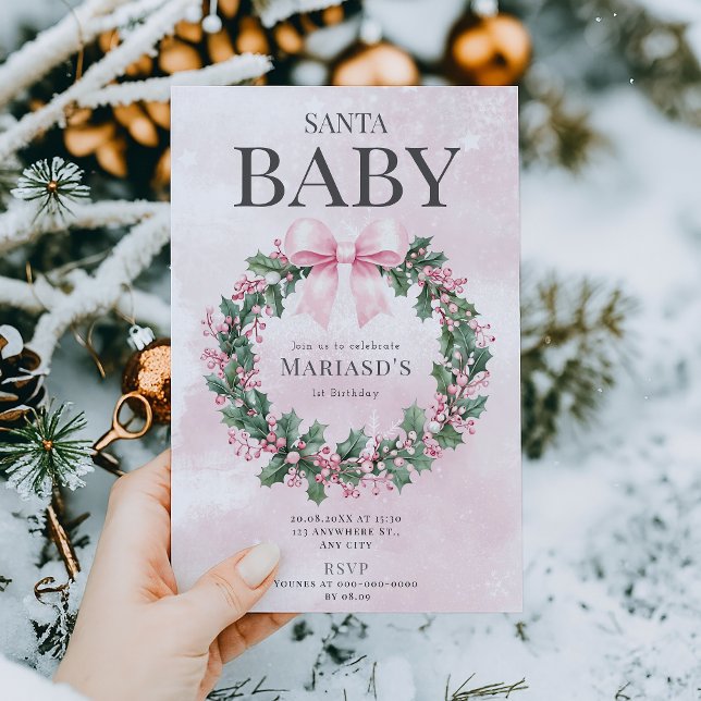 Aquarell Rosa Weihnachten 1. Geburtstag Einladung (Von Creator hochgeladen)