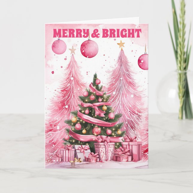 Aquarell Rosa Weihnachtsbaum Merry & Bright Feiertagskarte (Vorderseite)