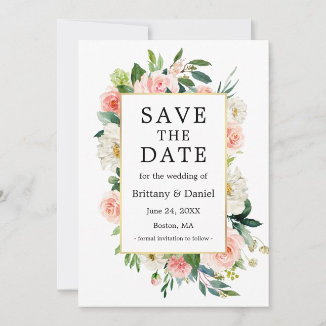 Aquarell Rosa Weiße Blüte Eleganter Goldrahmen Save The Date (Vorderseite)