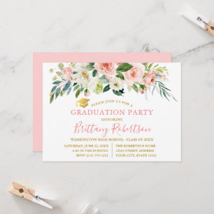 Aquarell-Rosa-Weiße-Floral-Gold-Abschlussfeier Einladung